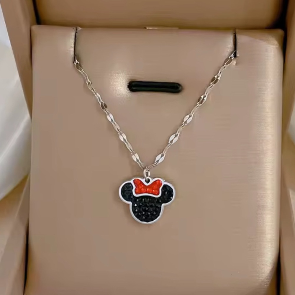18K White Gold Minnie Mouse Theme Black & Red Crystal Adorned Necklace No Fade